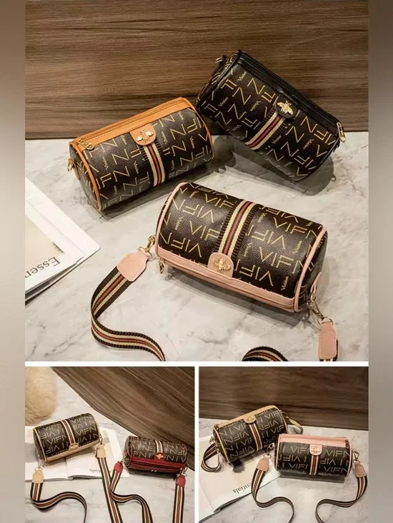 Monogram Barrel Crossbody Bag Letter Print Bee Gold Hardware 4 colors-NIP - Picture 4 of 16